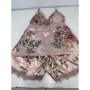 Pajama shorts satin Set Lounge womens Size 2 Lingerie black Lace Trim Sleepwear